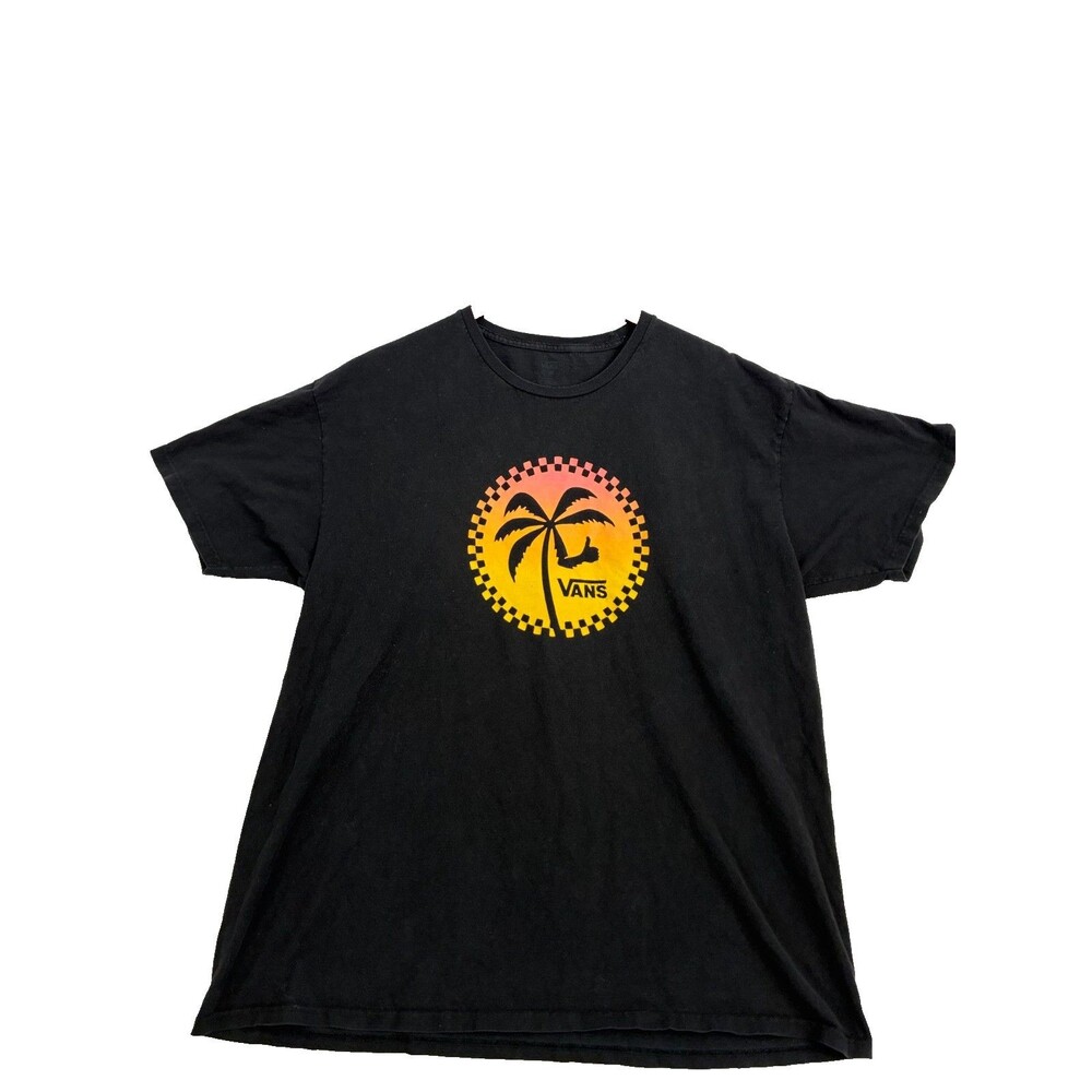 Vans Mens Black Palm Tree Hammock Graphic T Shirt Sunset Logo Tee
